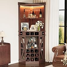 DWVO Corner Bar Cabinet with LED, 72" Tall Farmhouse Wine Cabinets, Liquor Stand w/Tempered Glass Door & Adjustable Shelf, Alcohol Storage with Wine Rack & Glass Holder for Living Room, Off White