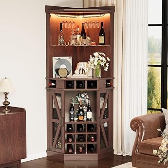DWVO Corner Bar Cabinet with LED, 72" Tall Farmhouse Wine Cabinets, Liquor Stand w/Tempered Glass Door & Adjustable Shelf, Alcohol Storage with Wine Rack & Glass Holder for Living Room, Off White