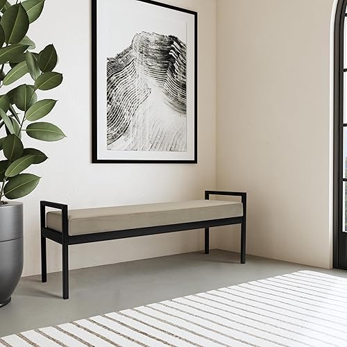 Miniatura 10 de HomePop Pierna de metal moderna de terciopelo  Banco para sala de estar y dormitorio  Muebles decorativos para el hogar-Boucle crema