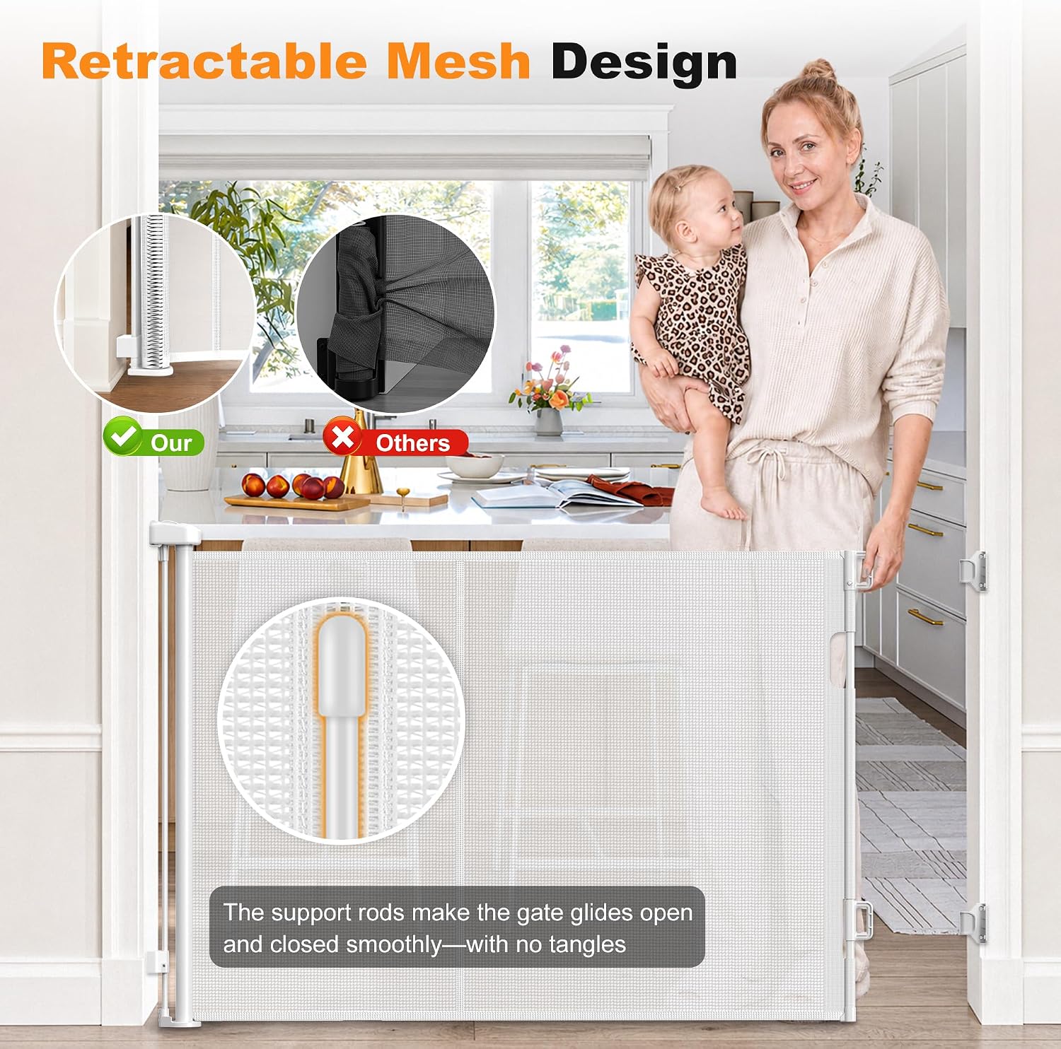 Retractable Baby Gates for Doorways 50” Wide Mesh Pet Gate | with Support Rod to Prevent Bottom Escape, 31” Tall Retractable Dog Gate for Stairs, Hallways, Decks, Indoor/Outdoor