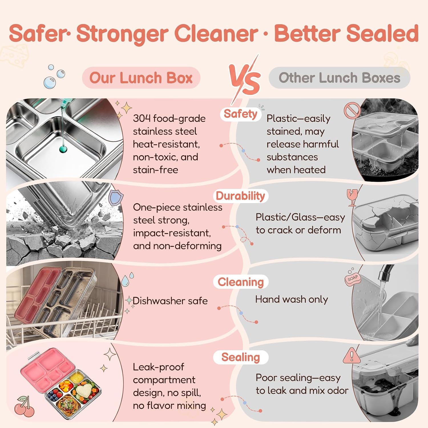 Premium Stainless Steel Bento Lunch Box for 7+ Kids and Adults, Leak-Proof, BPA-Free, 5 Compartments, Eco-Friendly, Durable Lunch Box for School, Office, Fitness, Travel, and Meal Prep–（Pink)