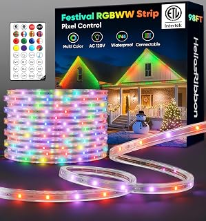 98FT Outdoor LED Strip Lights RGB+IC with Warm&Cool White, 120V Pixel Control Christmas Light String ETL Listed, Waterproof and Connectable, for Festival Halloween Porch Eave Patio Party Decor