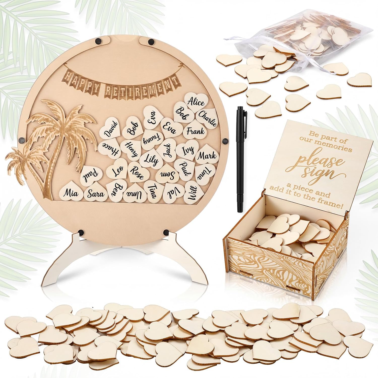 Novabright 2026 Beach Retirement Guest Book Signing Set Wooden Signature Frame with 60 Hearts Stand and Pen Retirement Party Decorations Keepsake Gift for Men Women Farewell Party Supplies