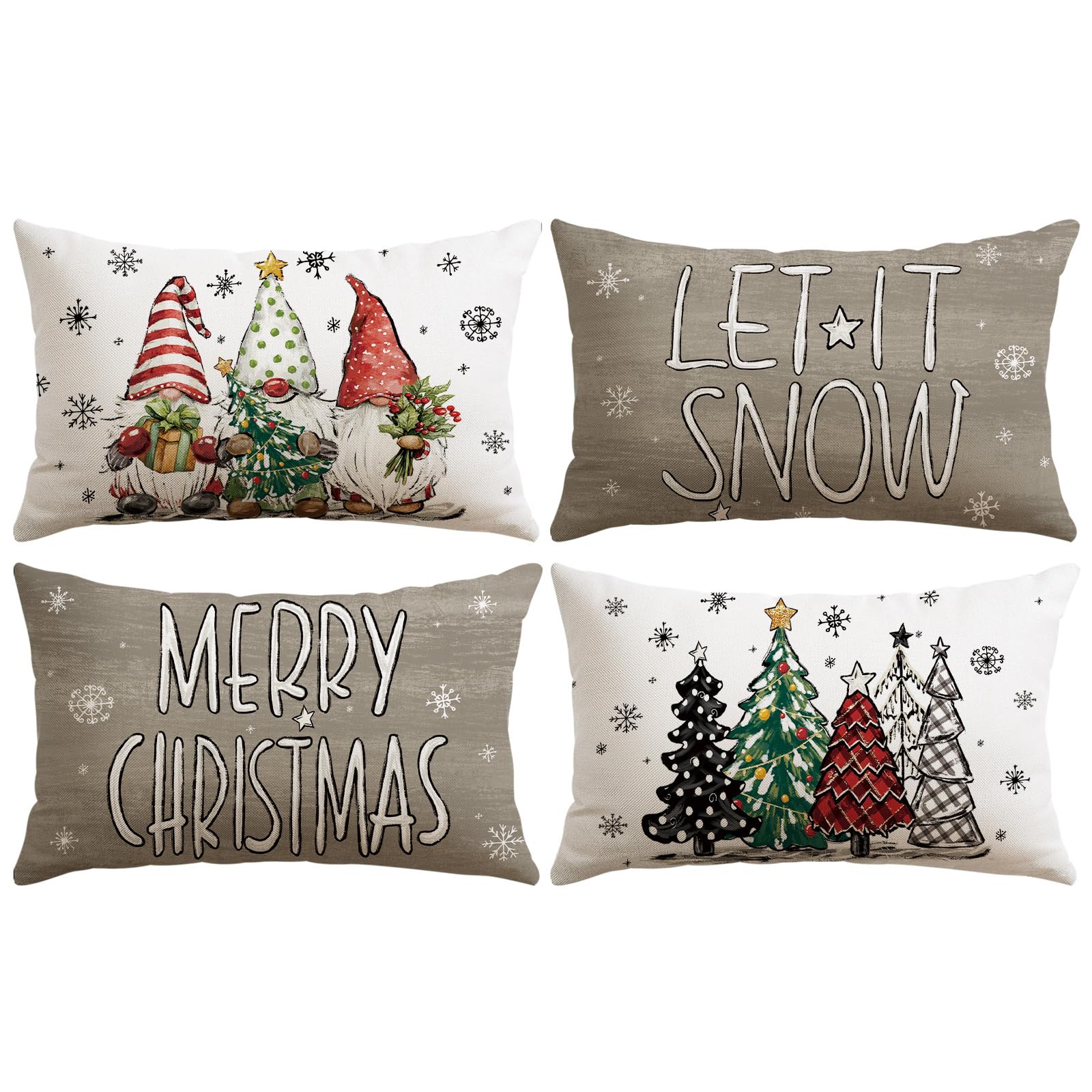 Sungeek Christmas Cushion Covers 30x50 cm Set of 4, Xmas Tree Gnome Let it Snow Snowflake Decorative Pillow Covers Winter Holiday Throw Pillow Cases for Sofa Couch Bedroom Living Room, Grey