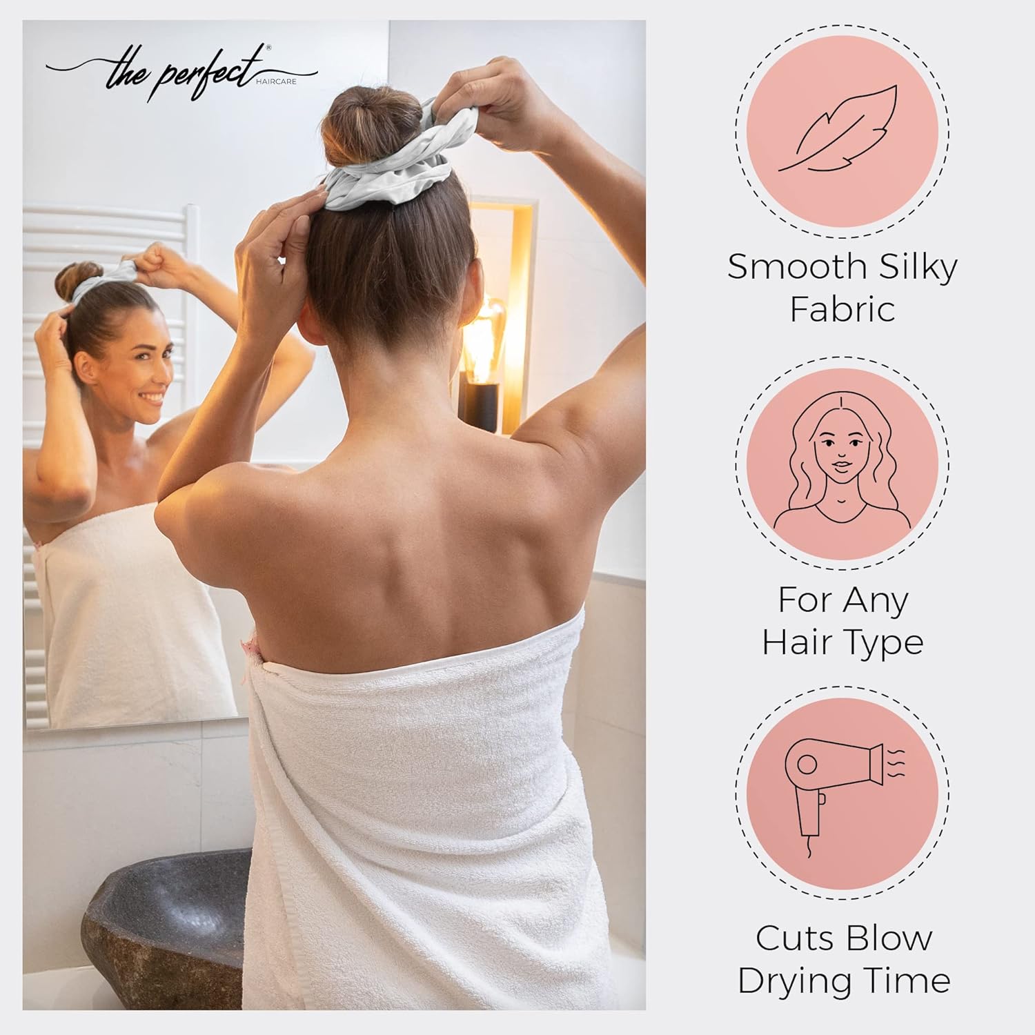 THE PERFECT HAIRCARE Microfiber Hair Towel Wrap + 2 Smooth Large Hair Drying Tie for Wet Hair - Anti-Frizz, Gentle, Absorbent Hair Scrunchies or Face Washing Wristband