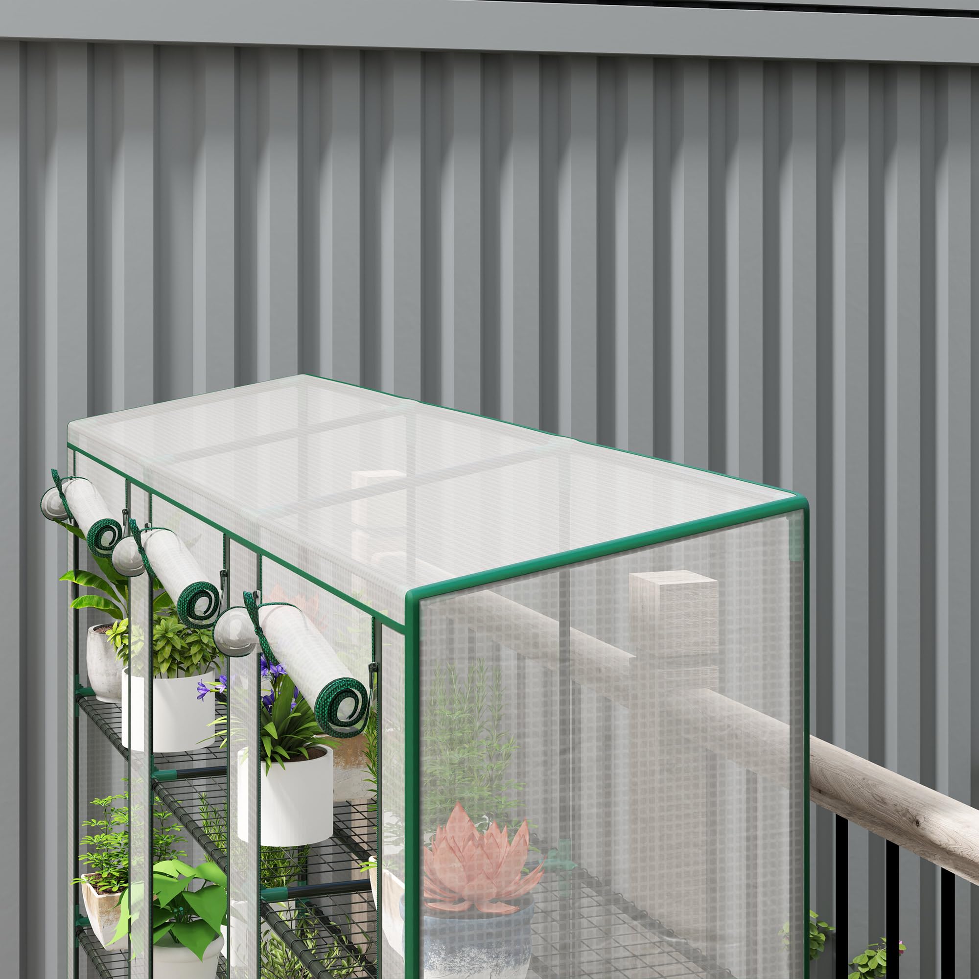 Outsunny Serre de Jardin PE avec étagères 3 Niveaux, Serre de Balcon, bâche renforcée 140 g/m², châssis en Acier, 2 Portes zippées enroulables pour légumes Plantes Fleurs 215x46x151cm Blanc