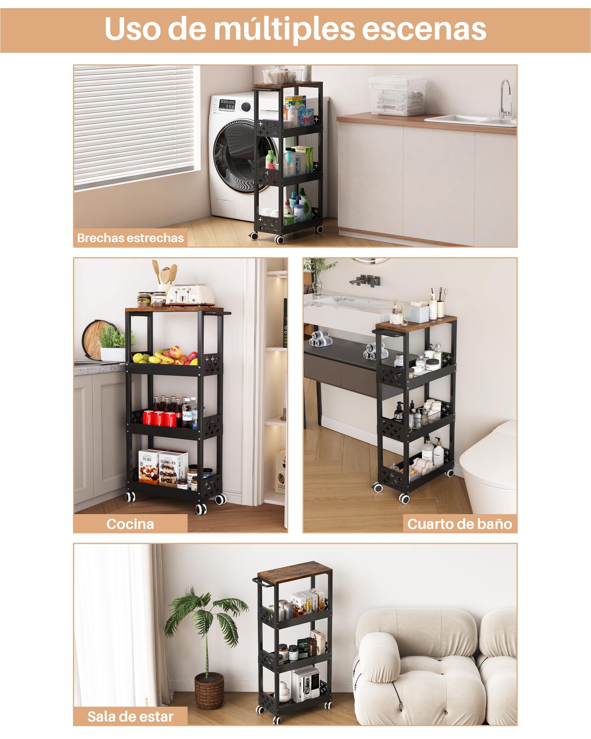 UMDONX Carrito Cocina Estrecho de Metal Carrito Auxiliar con Ruedas, Carrito de Servicio de 4 Niveles para Espacios Pequeños Baño Lavadero, 42x17x87cm (Negro)