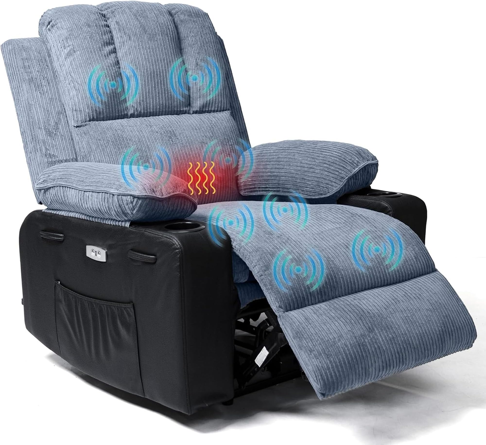 Electric Recliner Chair with Heat & Massage, Grey Jumbo Cord Fabric Armchair with Cupholders, Ergonomic Lounge Chair for Living Room, 180KG Capacity
