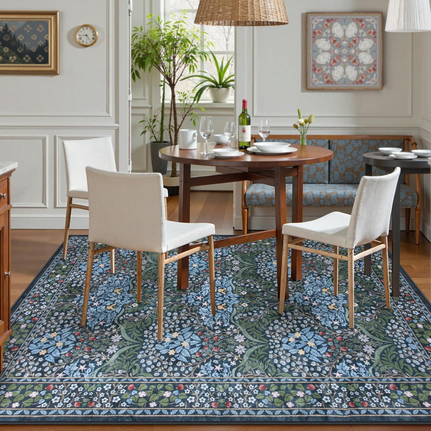 Lahome Floral Washable Area Rugs 5x7, Soft Blue Rugs for Living Room Bedroom, Boho Non Slip Low Pile Forest Stain Resistance Giverny Carpet for Farmhouse Dining Room Office, Blue