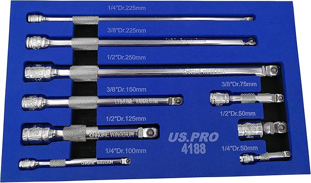 US PRO B4188 Tools 9pc Wobble Bar Extension Set 1/4 3/8 1/2 Dr, Blue