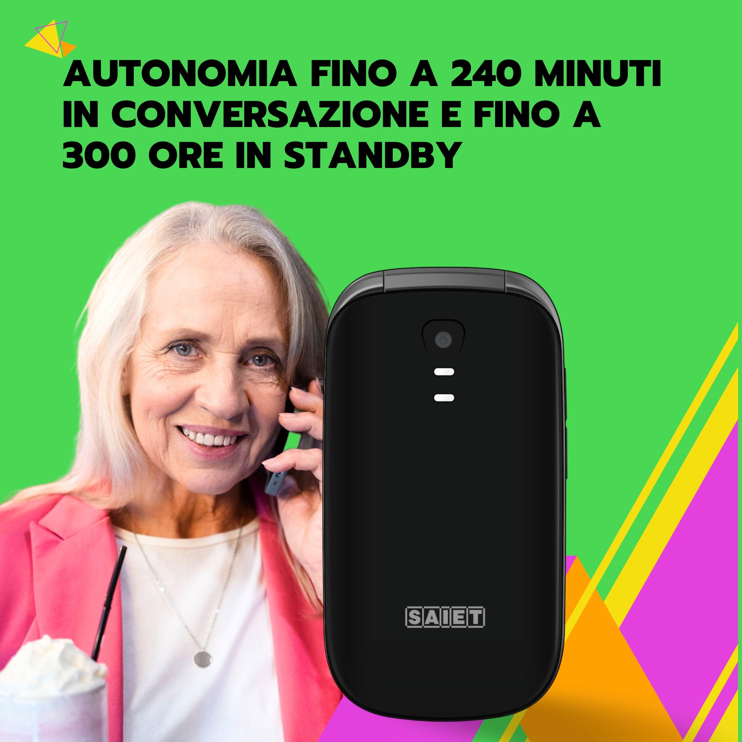 SAIET - Cellulare per Senior Facile da Usare FOCUS - Telefono per Anziani Tasti e Caratteri Grandi - Cellulare Anziani con Audio Amplificato - Nero