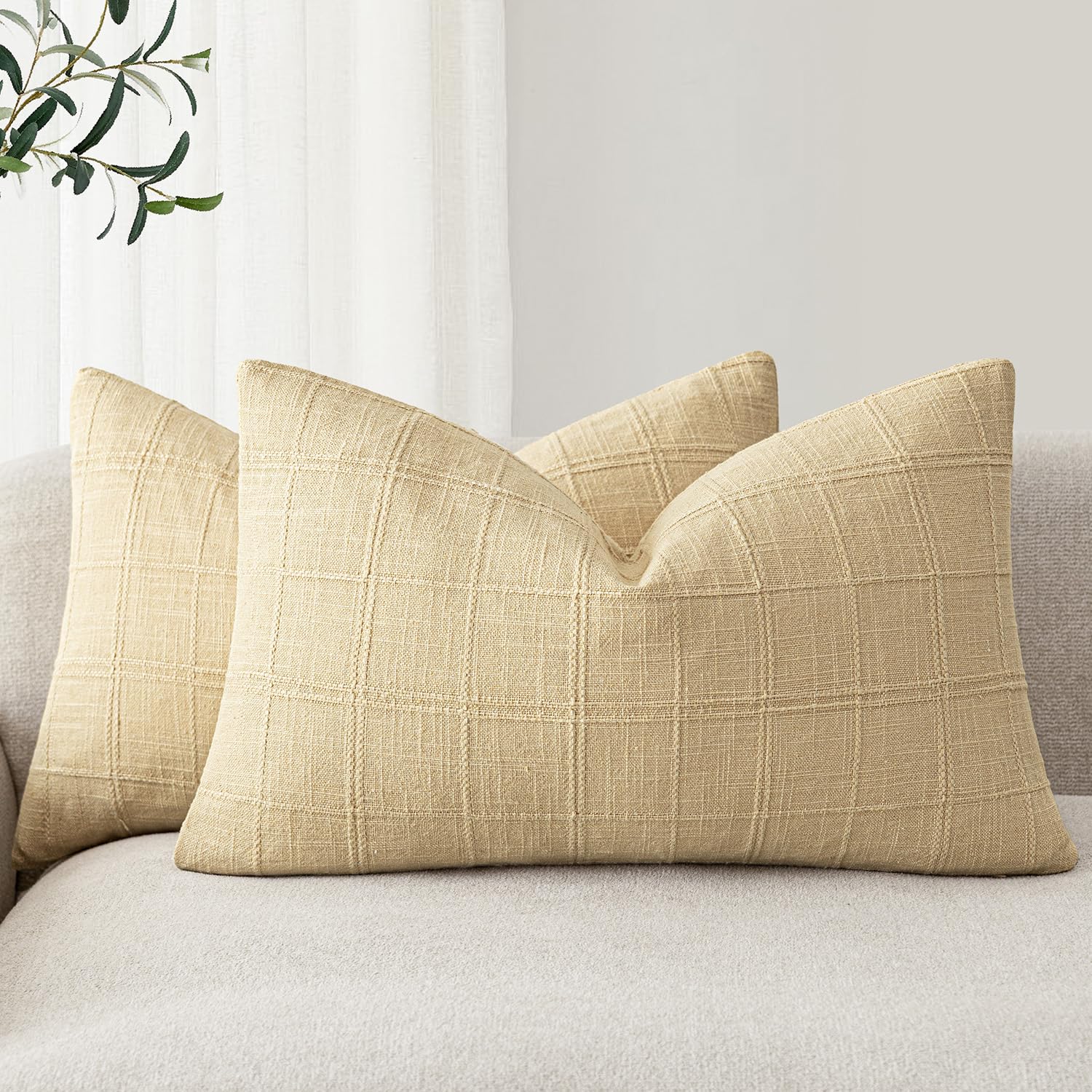 Foindtower Vintage Linen Check Lumbar Throw Pillow Cover 12×20 Light Yellow
