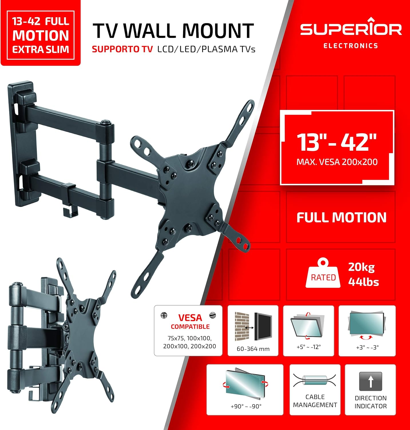 Superior Electronics – Full-Motion Extra-Slim TV Wall Mount for 13"–42" TVs – VESA 75x75, 100x100, 200x100, 200x200 – Black – SUPSTV010