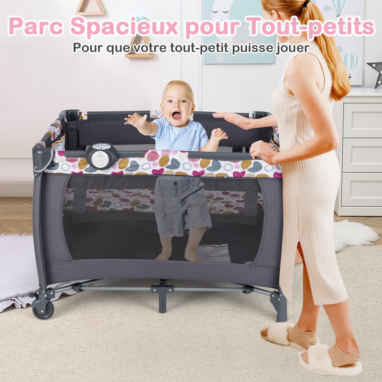 GOPLUS Lit Parapluie Bebe 5 en 1, Lit Bebe Evolutif de Voyage avec Parc, Table à Langer, roulettes Verrouillables et Sac de Transport, Boîte à Musique, 2 Jouets Mobiles, Charge 15KG (Fuchsia)