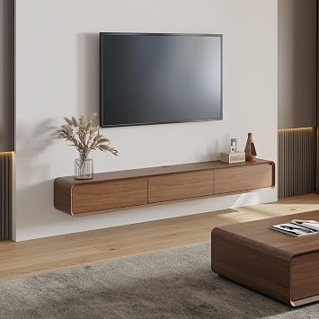 POVISON Fully-Assembled Minimalist Floating TV Stand, Modern Wall-Mounted Entertainment Center with 3 Flip-Down Cabinet Doors, Solid Wood, Walnut Veneer, 78"