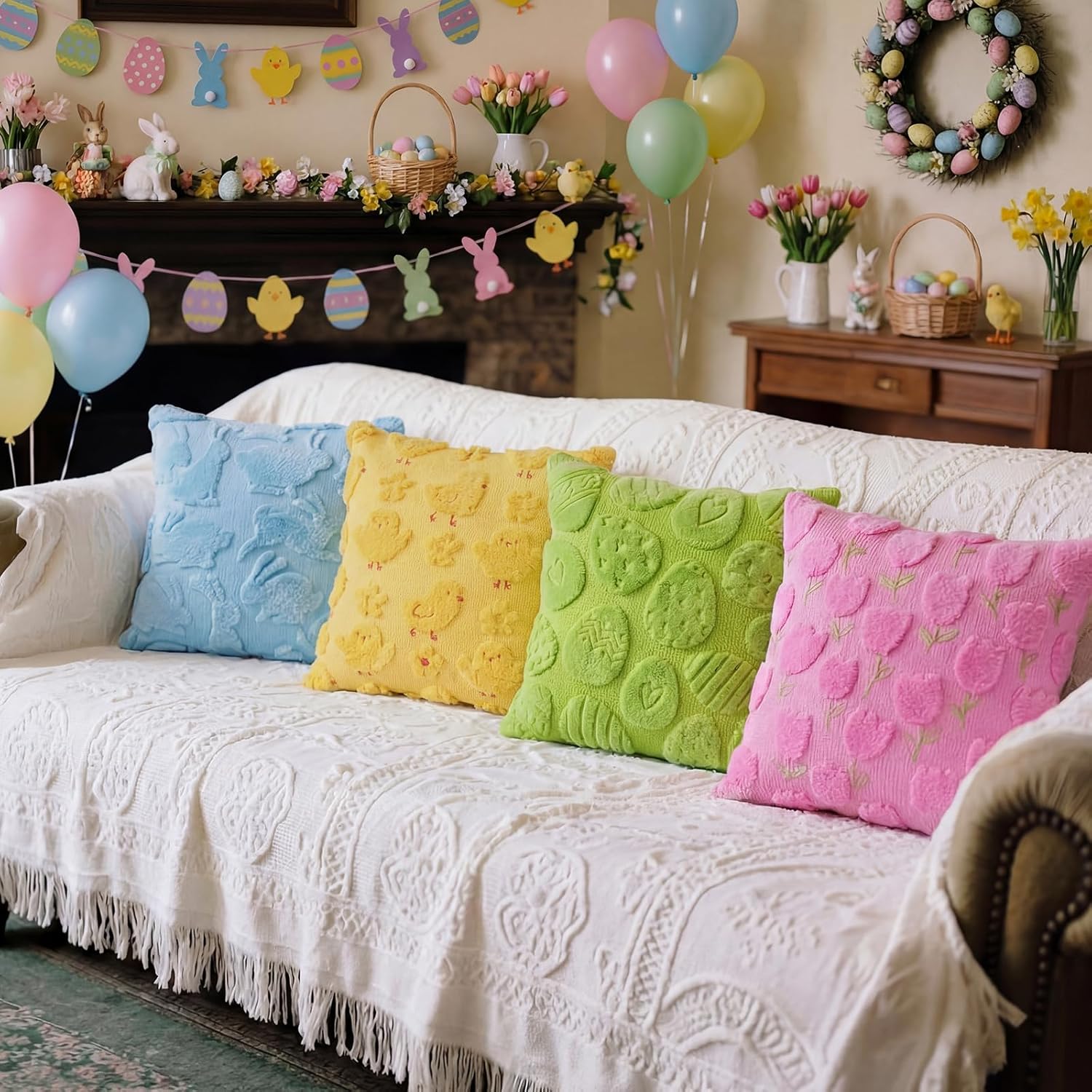 Tiamon 4 Pcs Easter Throw Pillow Covers 18 x 18 Inch 3D Embroidered Plush Easter Egg Bunny Chick Tulip Pillow Cases Colorful Fluffy Faux Fur Cushion Covers Gifts for Spring Party Sofa Couch Birthday