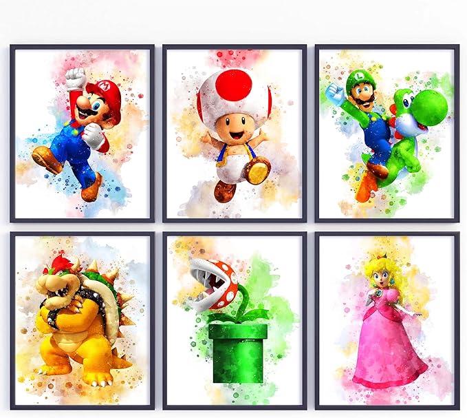 Mario Set Of 6, Super Mario Game Watercolor Poster Prints, Super Mario ...