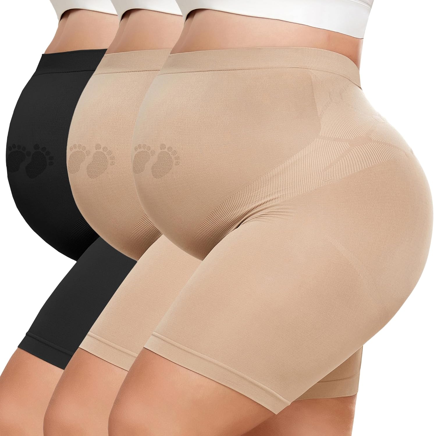 Maternity Shapewear for Under Dresses?Over Belly Pregnancy Underwear Mid-Thigh High Waist Shorts Panties for Baby Shower X-Large 2*nude+1*black
