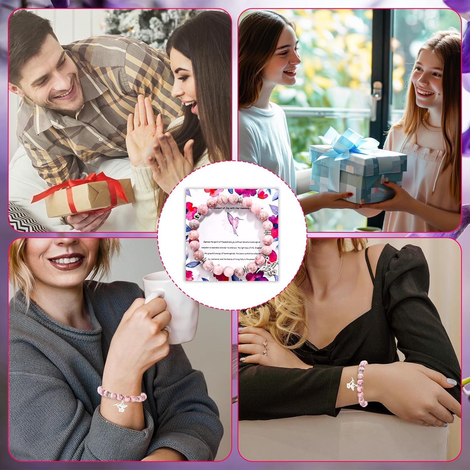 Hummingbird Bracelet for Women, Pink and Purple Stone Bead Bracelet with Hummingbird Charm Inspirational Jewelry with Card for Women Gift - Image 7