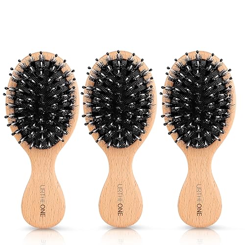 URTHEONE 3 cepillos de pelo mini cerdas de jabalí para cabello grueso, rizado, fino, largo, corto, húmedo o seco, bolsillo de viaje, cepillo de pelo