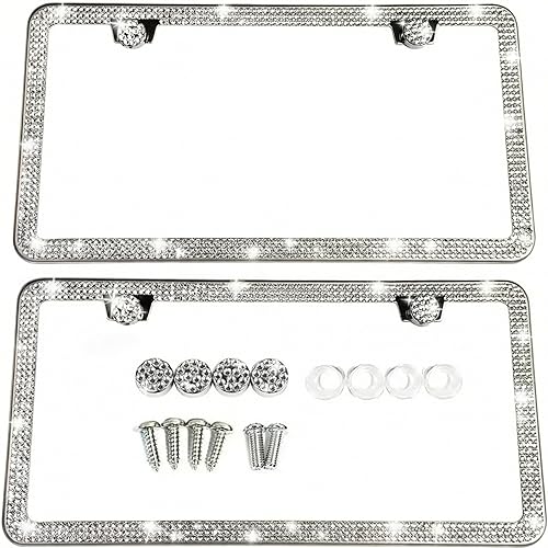 Paquete de 2 marcos de matrícula brillantes para mujer, paquete de 2 marcos de matrícula brillantes con cristales de diamantes de imitación Plateado