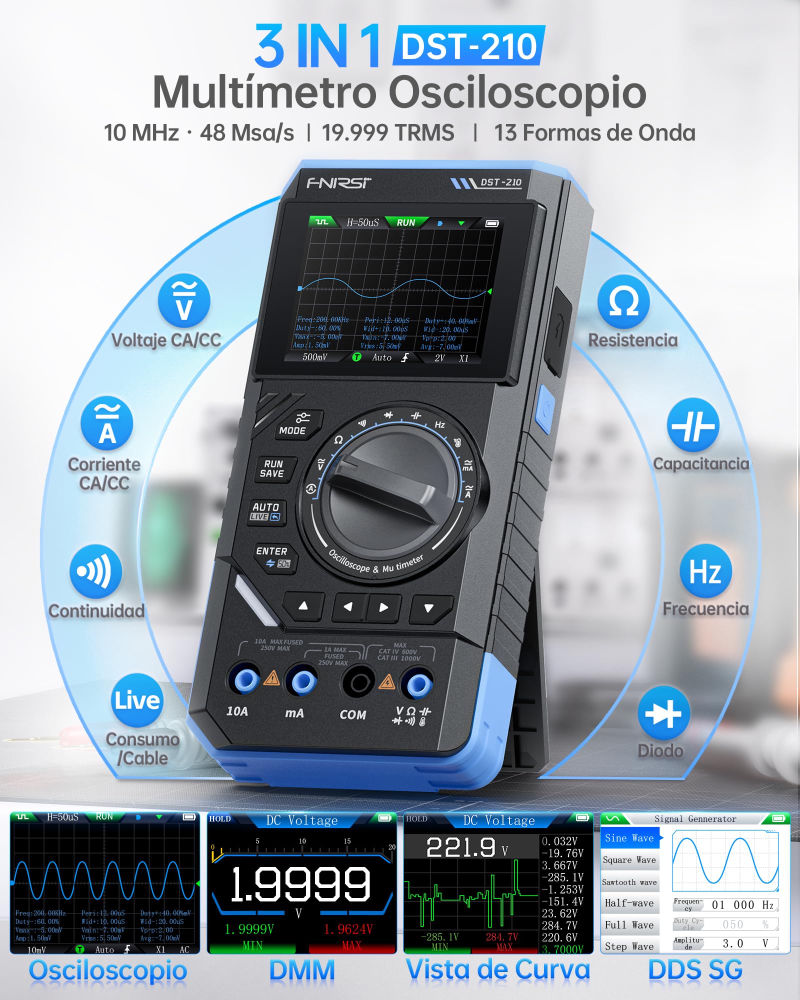 FNIRSI DST-210 Osciloscopio Portátil de Banda 10MHz, 19999 Cuentas, Digital Oscilloscope Multimeter DDS Generator 3IN1, Frecuencia de Muestreo 48MS/s, Voltaje CA/CC, Corriente, Condensador, Diodo