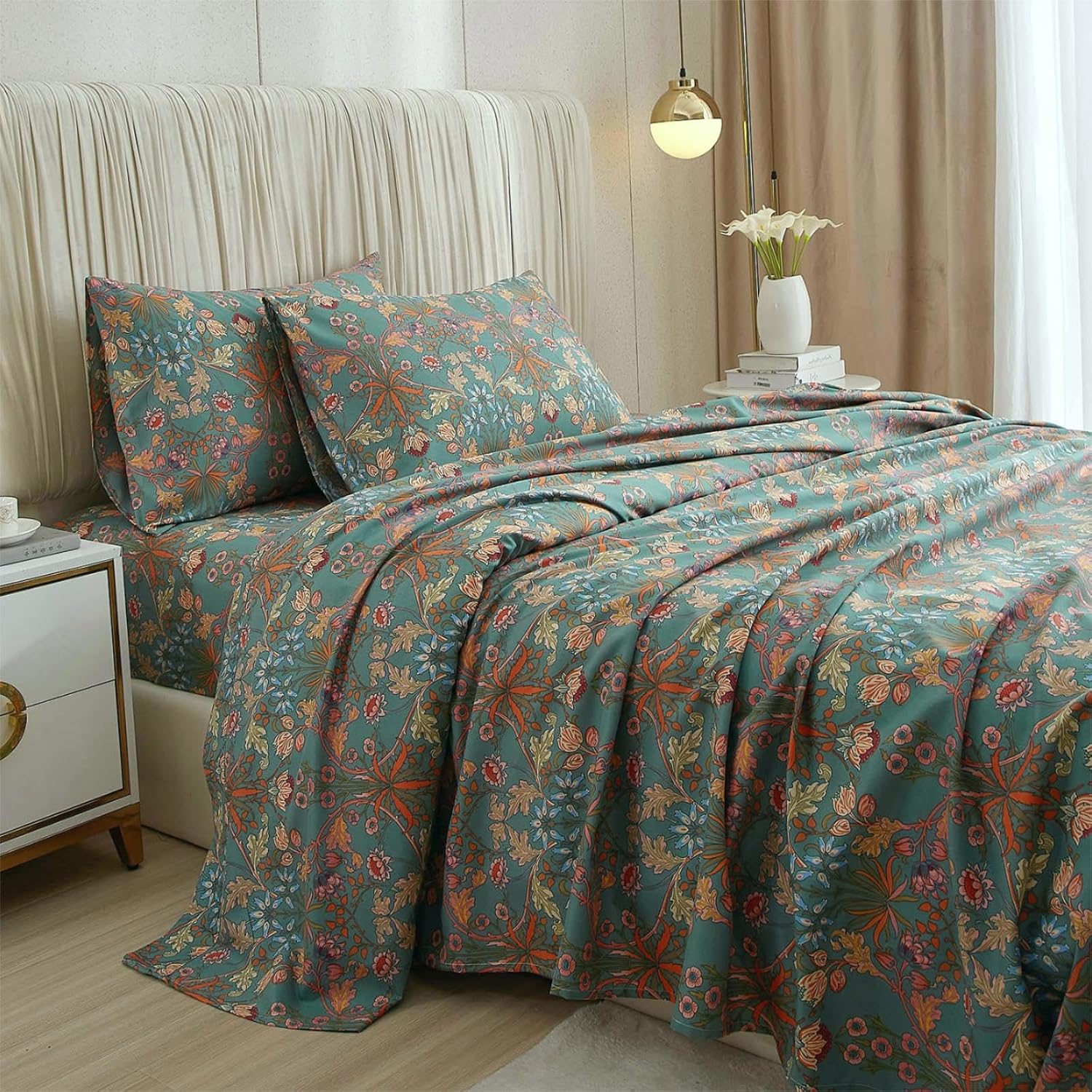 Vintage Floral King Sheets Set 4 Pieces Boho Flower Bed Sheets Luxury Soft Microfiber Floral Bedding Sheets Pillowcases