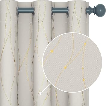 Deconovo Blackout Curtains 2 Panels for Bedroom and Living Room, Gold Foil Wave Lines and Dots, Thermal Insulated Room Darkening Grommet Window Drapes for Nursery and Kids Room, Beige, 42W x 54L Inch