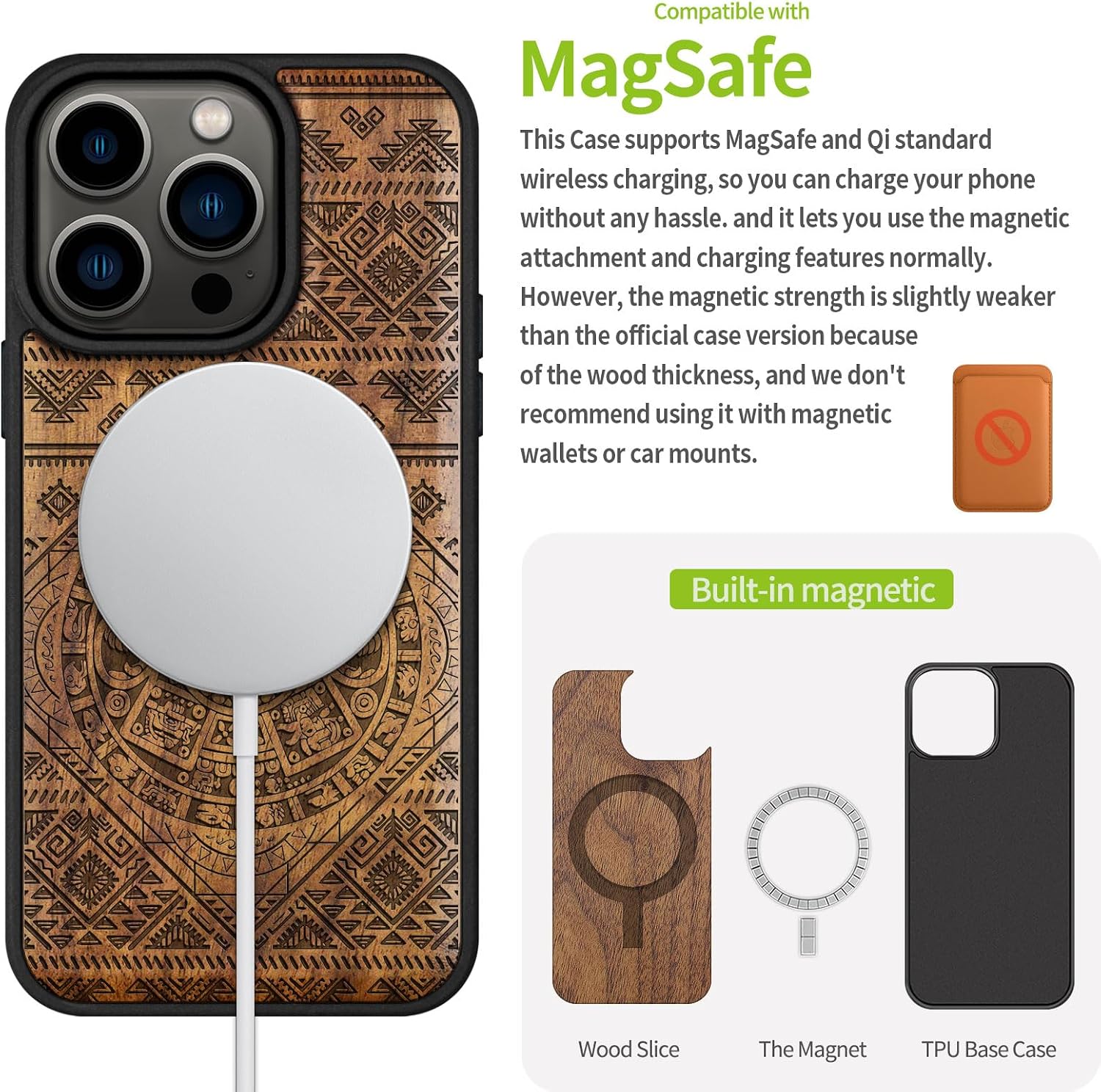 Carveit Magnetic Wooden Case for iPhone 15 Pro Case, Compatible with MagSafe Wireless Chargers, Black Soft TPU Shockproof Cover & Wood Artisan Engraved - (Aztec Calendar) - Walnut