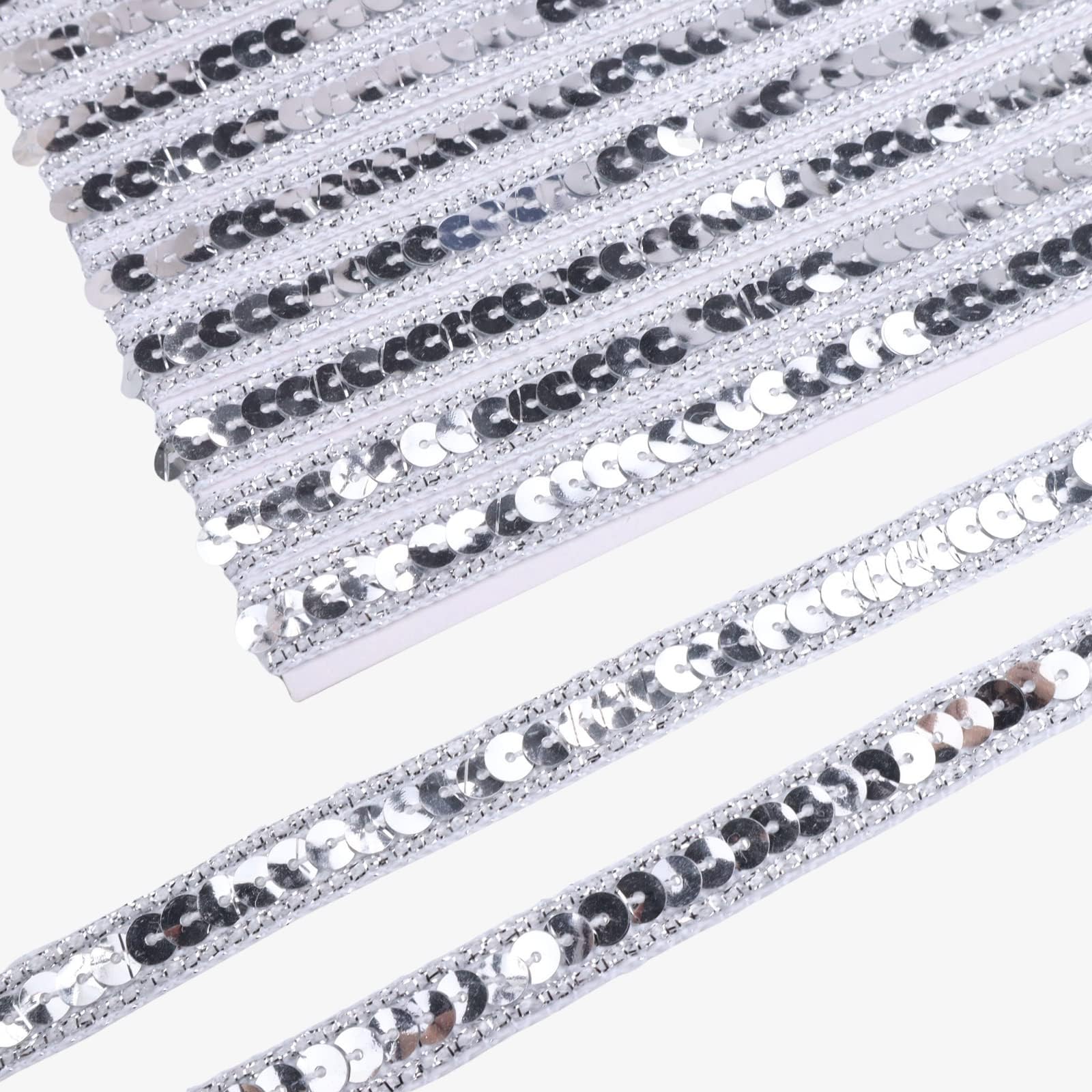 Silver Sequin Ribbon Trim Sequin Braid Trim Flat Glitter Ribbon for Sewing, 10 Yards