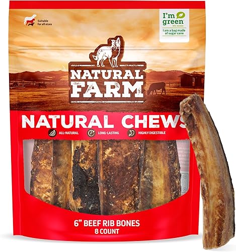 Natural Farm Rib Bones for Dogs (6 Inch, 8 Pack) - Beef Ribs for Dogs, Farm-Raised Cattle - Slow-Roasted Flavor - Low Odor for Indoor, Outdoor