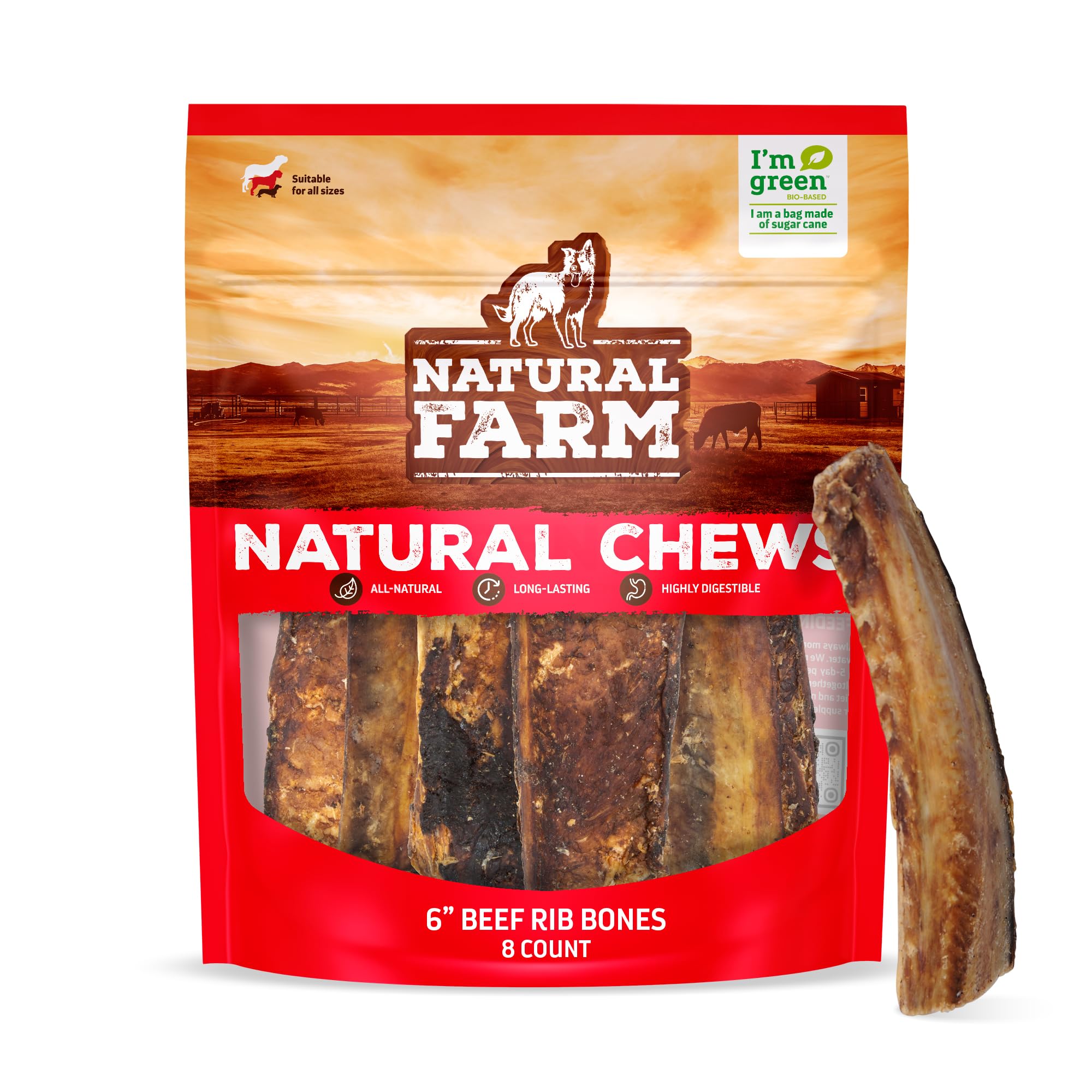Natural Farm Rib Bones for Dogs (6 Inch, 8 Pack) - Beef Ribs for Dogs, Farm-Raised Cattle - Slow-Roasted Flavor - Low Odor for Indoor, Outdoor Chewing