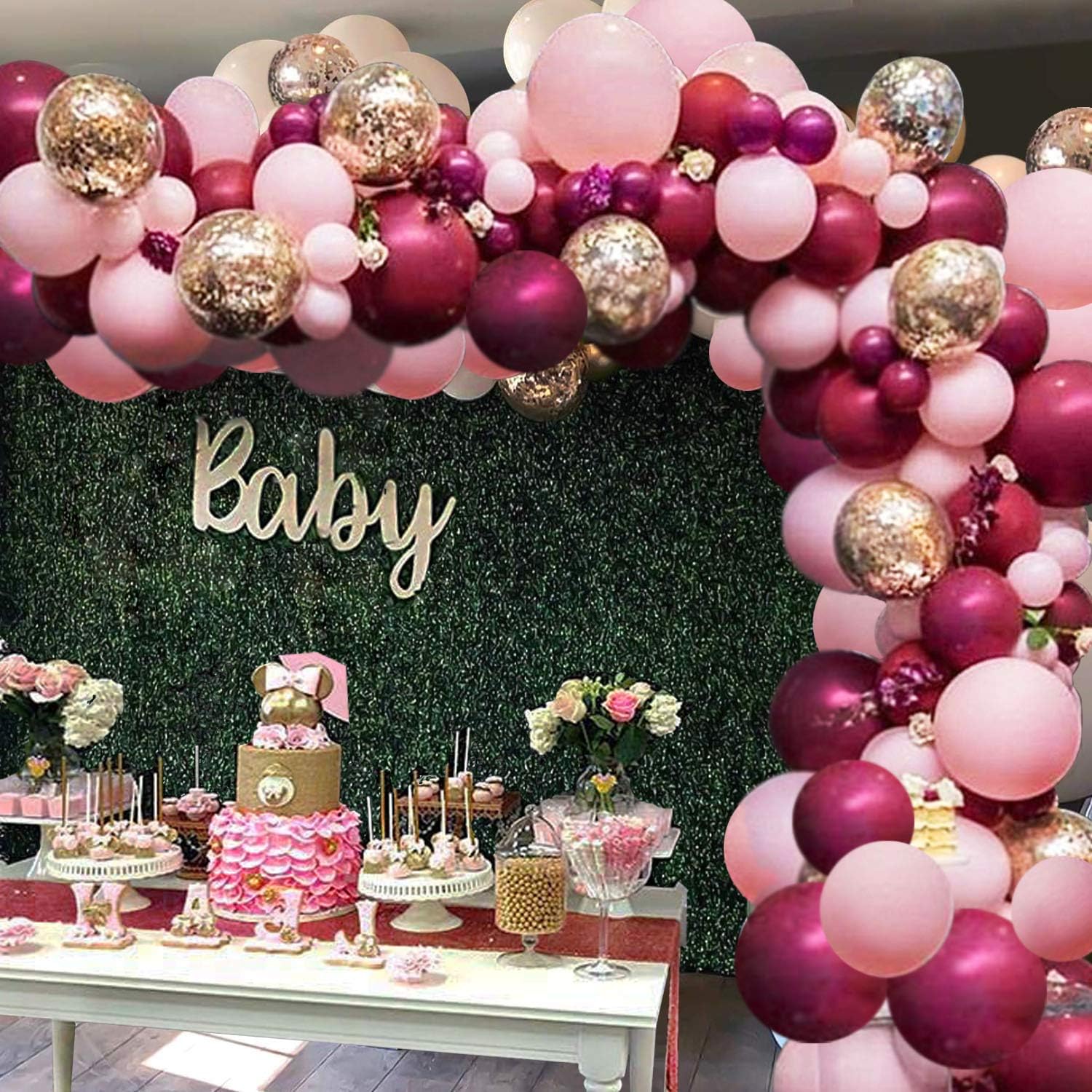โ OuMuaMua 117Pcs Burgundy Pink Balloon Arch Garland Kit, Burgundy Pink Gold Confetti Latex Balloons with Balloon Accessories for Baby Shower Wedding Birthday Girl Party Decorations