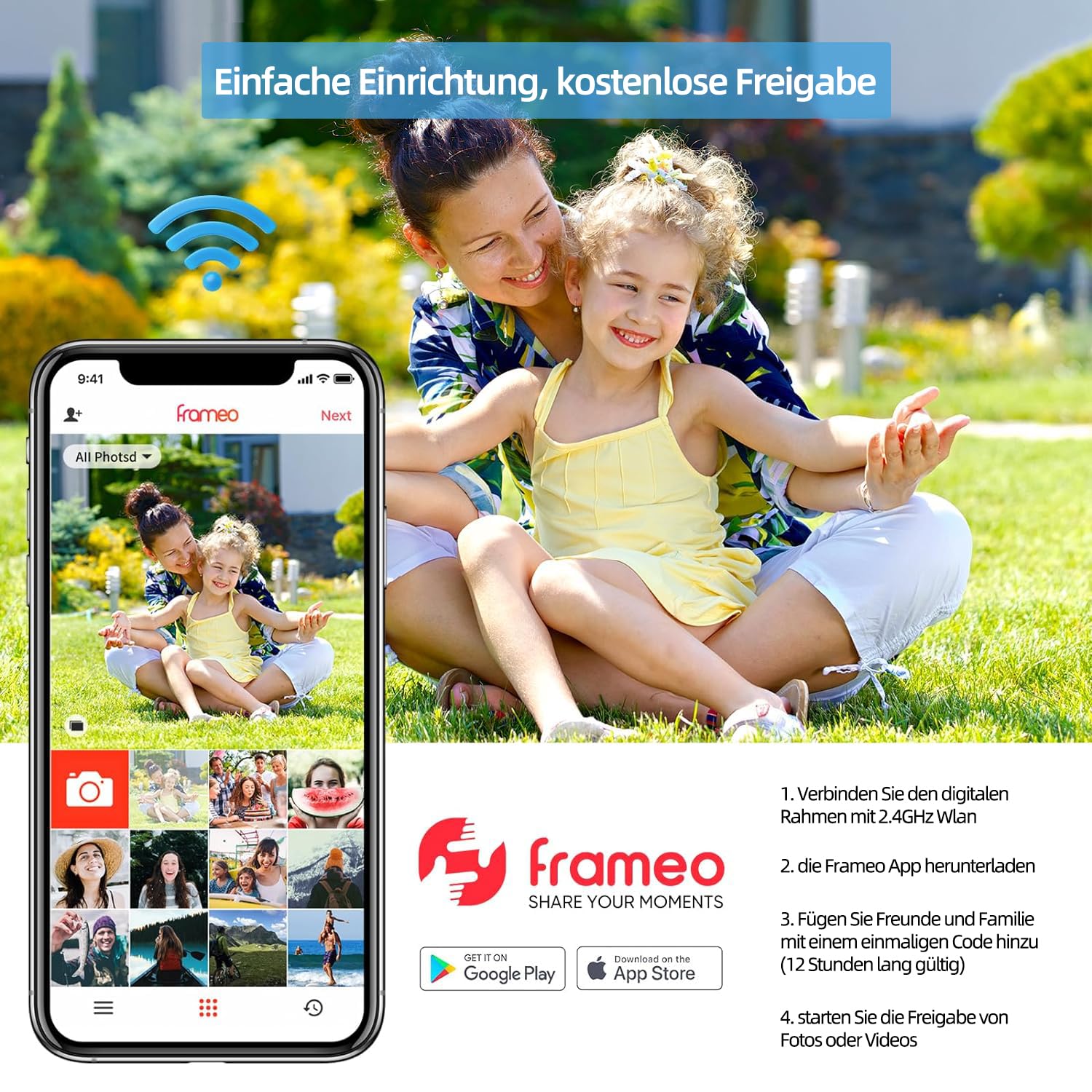 ARZOPA Digitaler Bilderrahmen WLAN 10,1 Zoll IPS Touchscreen mit 32GB Frameo Fernfreigabe