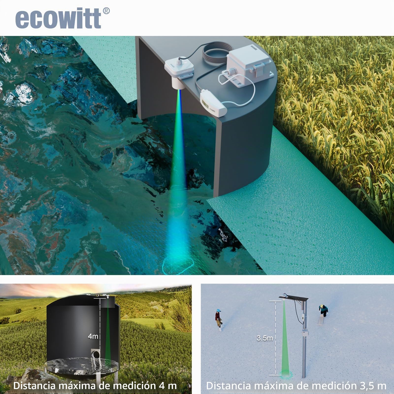 ECOWITT Medidor de Distancia Láser LDS01, 4-3.5M Dispositivo de Medición Láser con Cable de 1.5M, Herramienta de Medición Láser para Exterior para Nivel de Agua/Nieve/Profundidad de Aceite con LCD