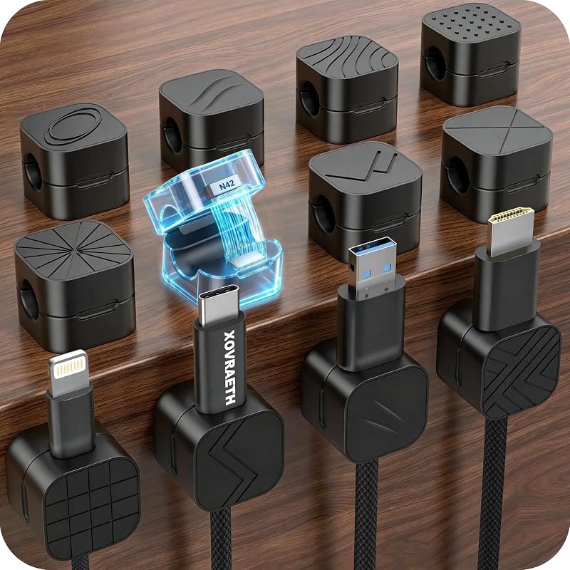 12-Pack Magnetic Cable Clips, XOVRAETH Smooth Adjustable Adhesive Cord Organizer, Desk Cable Management Wire Holder Keeper Cables Staples for Nightstand Home Office Desk Car Phone Wall Desktop(BlackM)