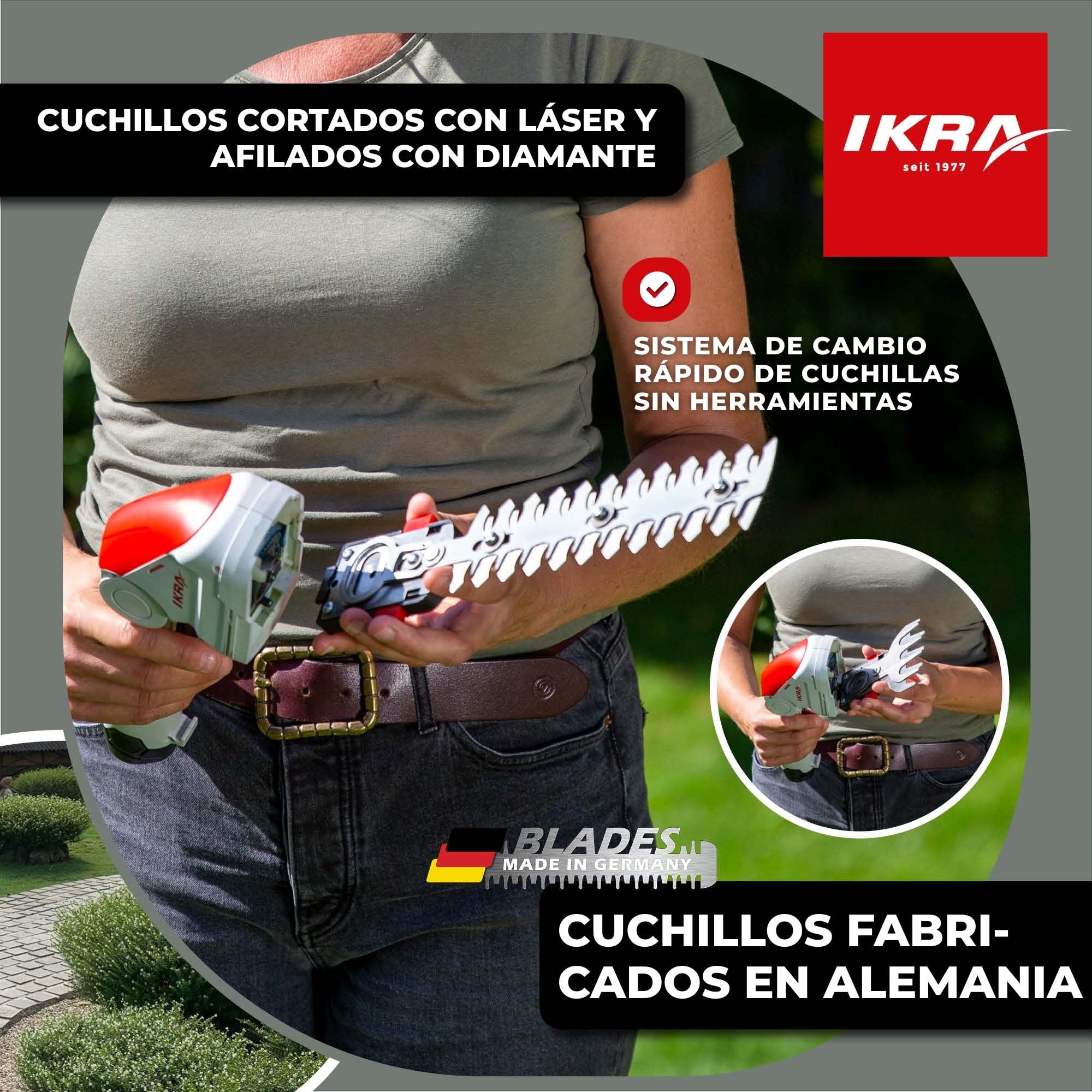 IKRA Tijeras para Hierba y arbustos telescópica a batería IGBS 1210F | Incluye batería de 12 V y cargador, mango de 7 posiciones, cuchillas «Made in Germany», gama de baterías IKRA de 12 V