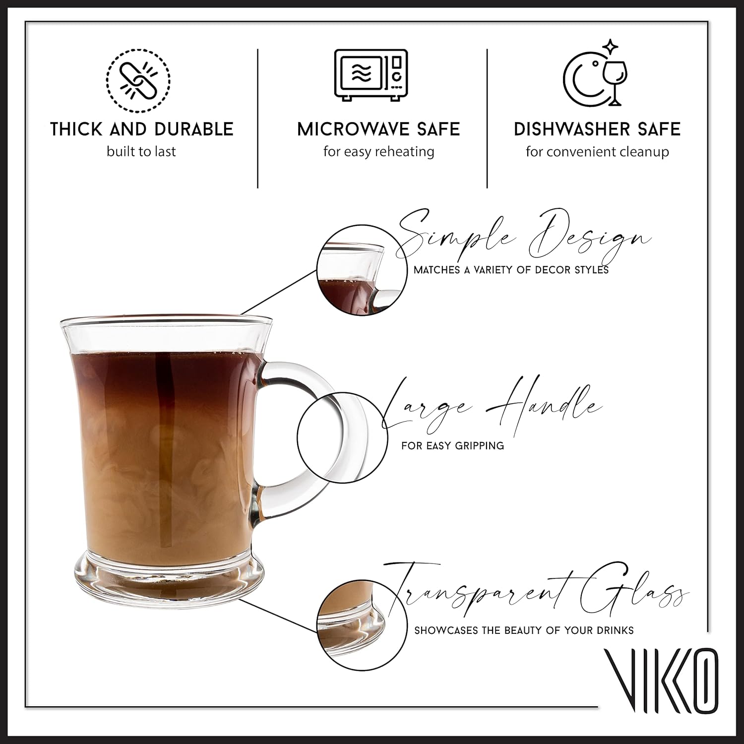 Vikko Glass Coffee Mugs Aroma Collection 13 Ounce Thick and Durable Wide, Set of 6 Heavy Base Dishwasher Safe Large Glass Coffee Cups - Image 2