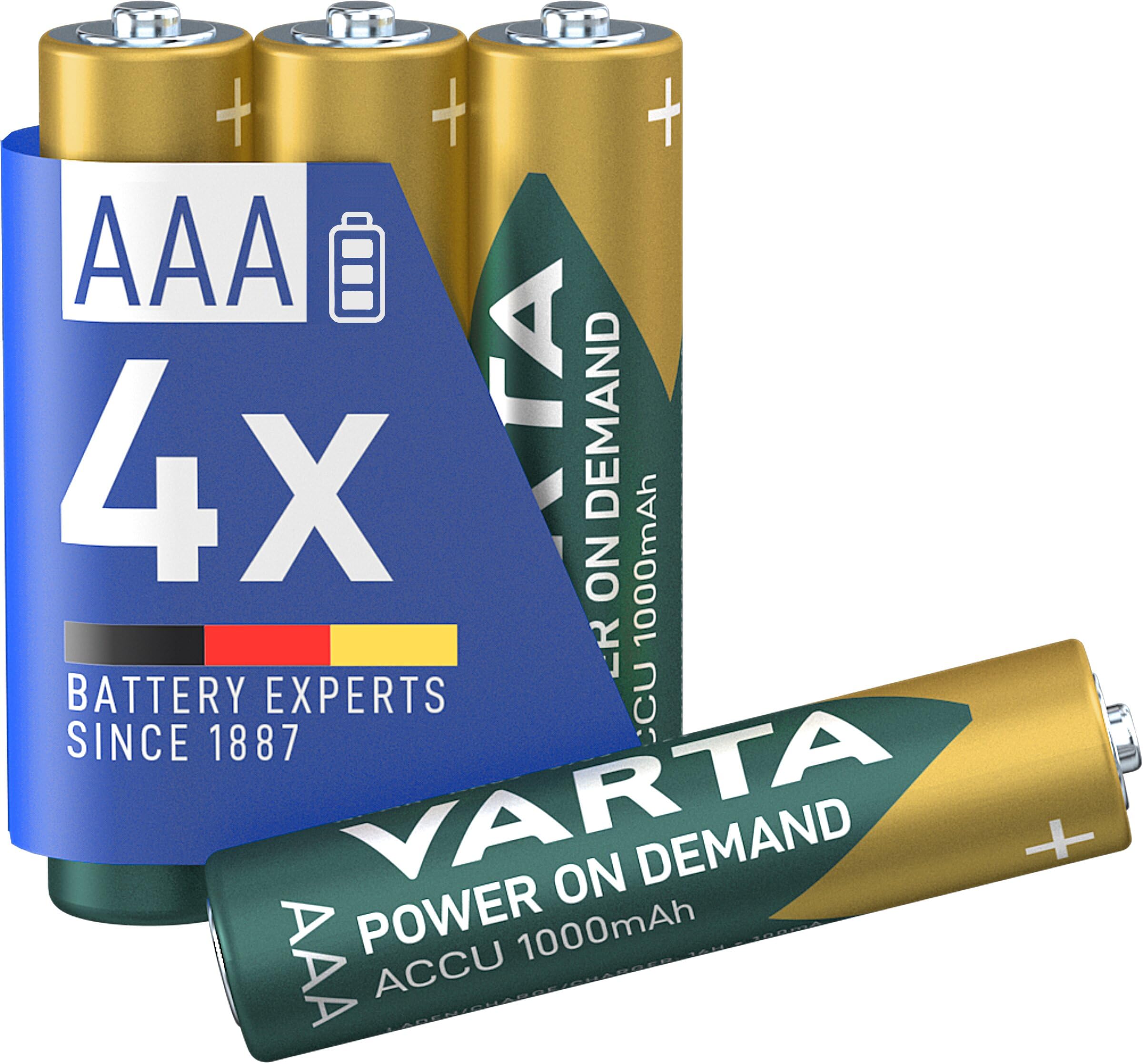 VARTA Batterien AAA, wiederaufladbar, 4 Stück, Power on Demand Recharge Accu, Akku, 1000 mAh Ni-MH, ohne Memory Effekt, vorgeladen, sofort einsatzbereit