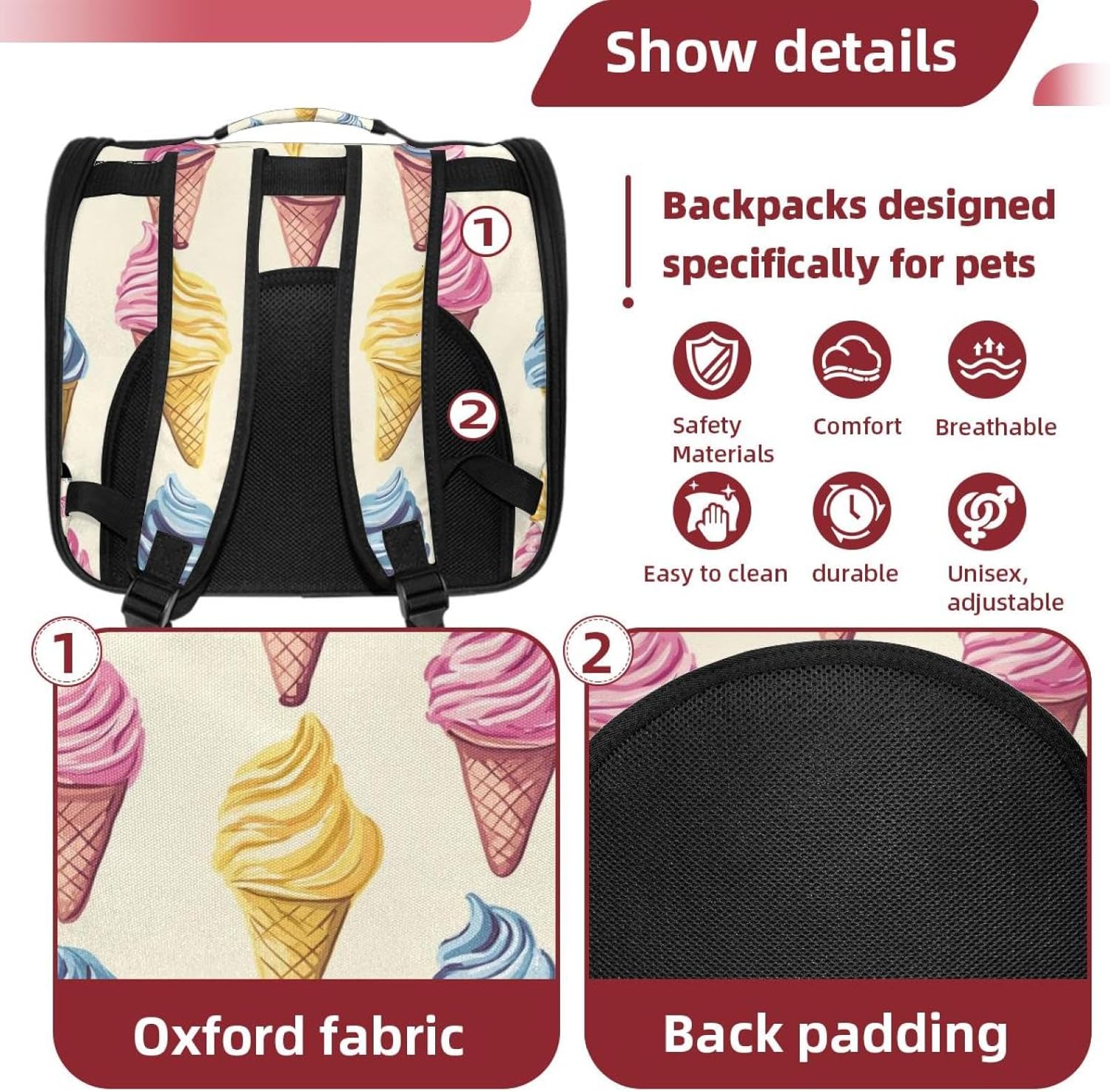 Ice Cream (6) Cat Backpack Carrier, Large Pet Backpack for Medium Small Dog Cat Puppy Kitty Bunny