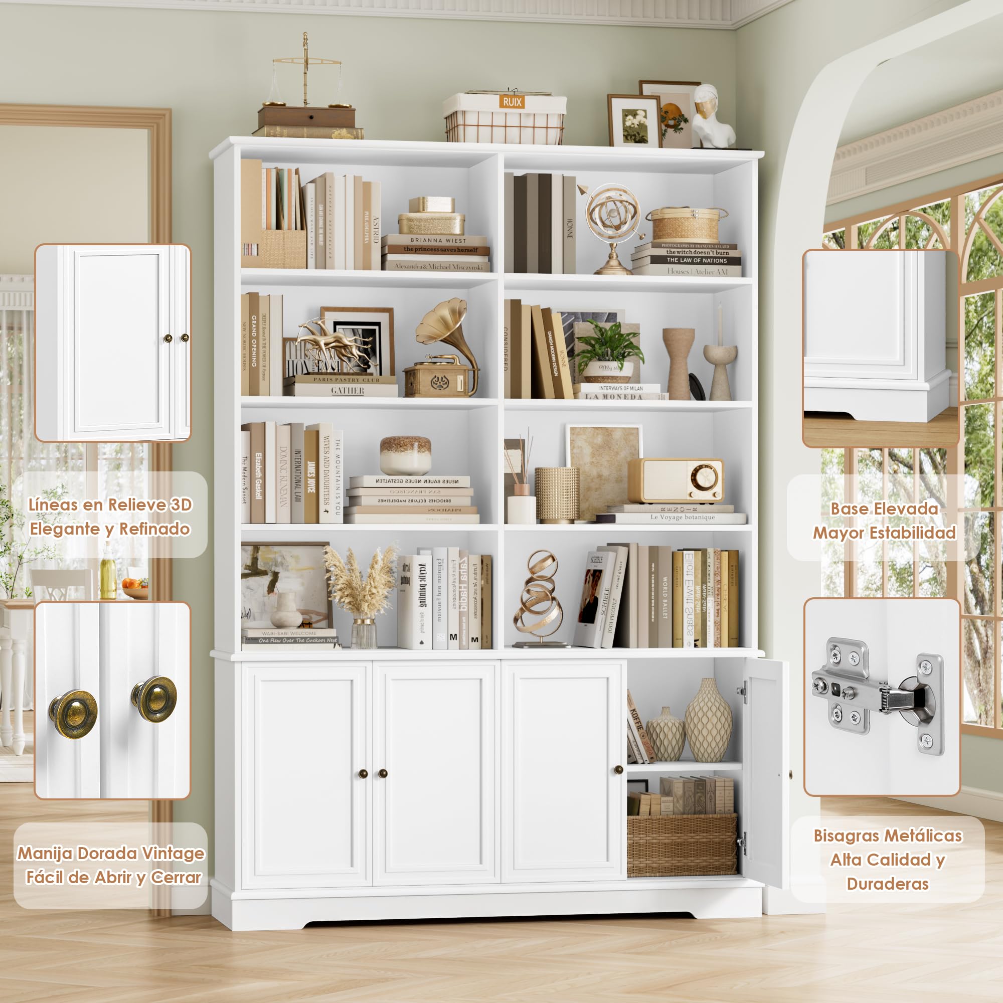 FirFurd 185cm Estantería Libros de 8 Compartimientos con 4 Puertas Retro | Librería Salón, Estanterías Almacenaje de Pie para Oficina Salón Almacenamiento y Exhibición Blanco 120An.x27F.x185Al.cm