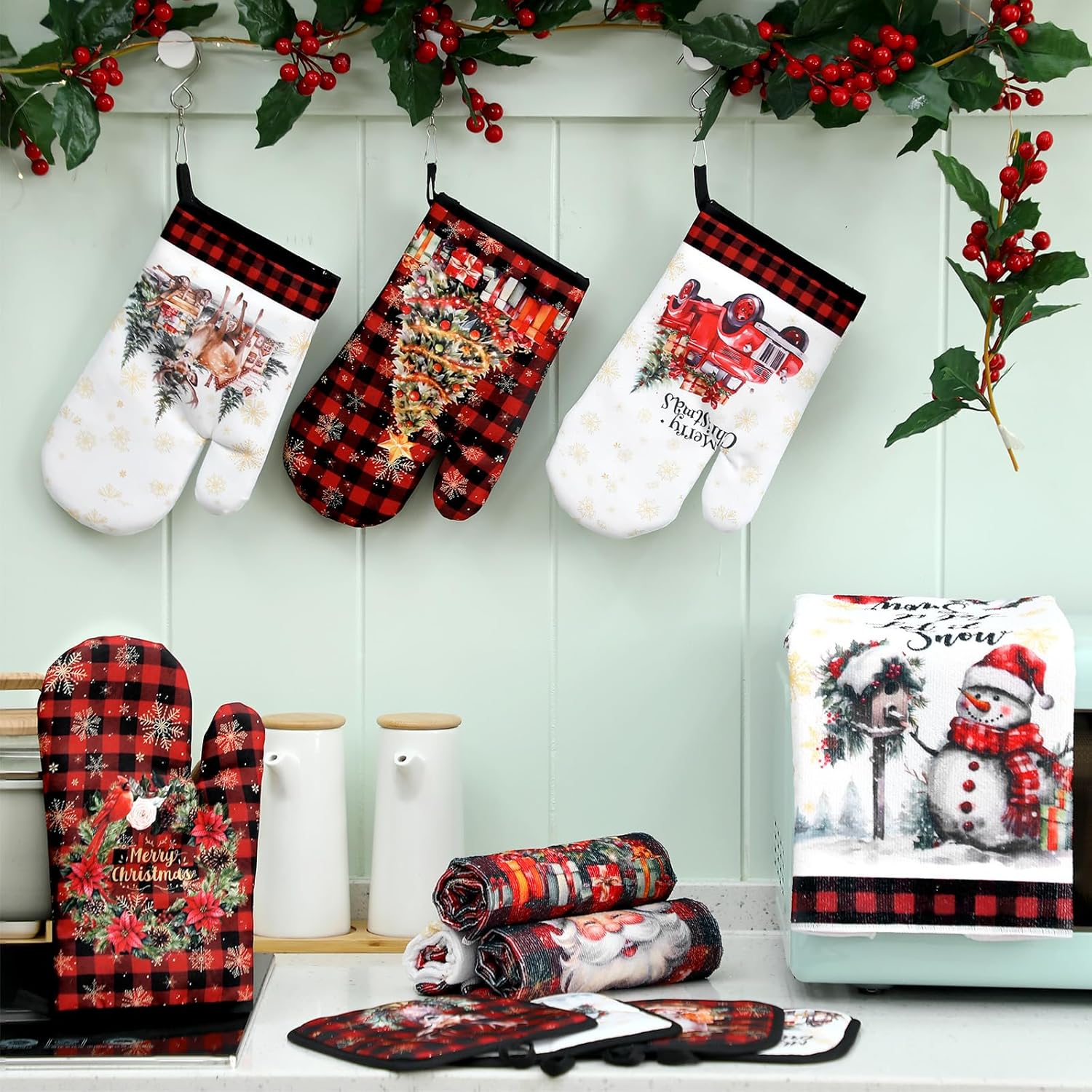 12 Pcs Oven Mitts and Kitchen Towel Sets 4 Dish Towels 4 Potholders 4 Vintage Resistant Glove for Cooking Baking Home Gifting(Red and Black Stripes) - Image 6