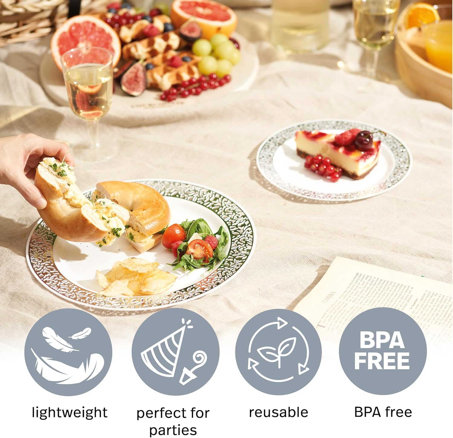 MATANA 40 Sliver Plastic Plates with White & Silver Lace Trim - 20 Dinner Plates 10.25" Inch, 20 Salad Dessert Appetizer Plates 7" Inch - Heavy Duty, Elegant, Reusable for Parties, Wedding & Events - Image 6