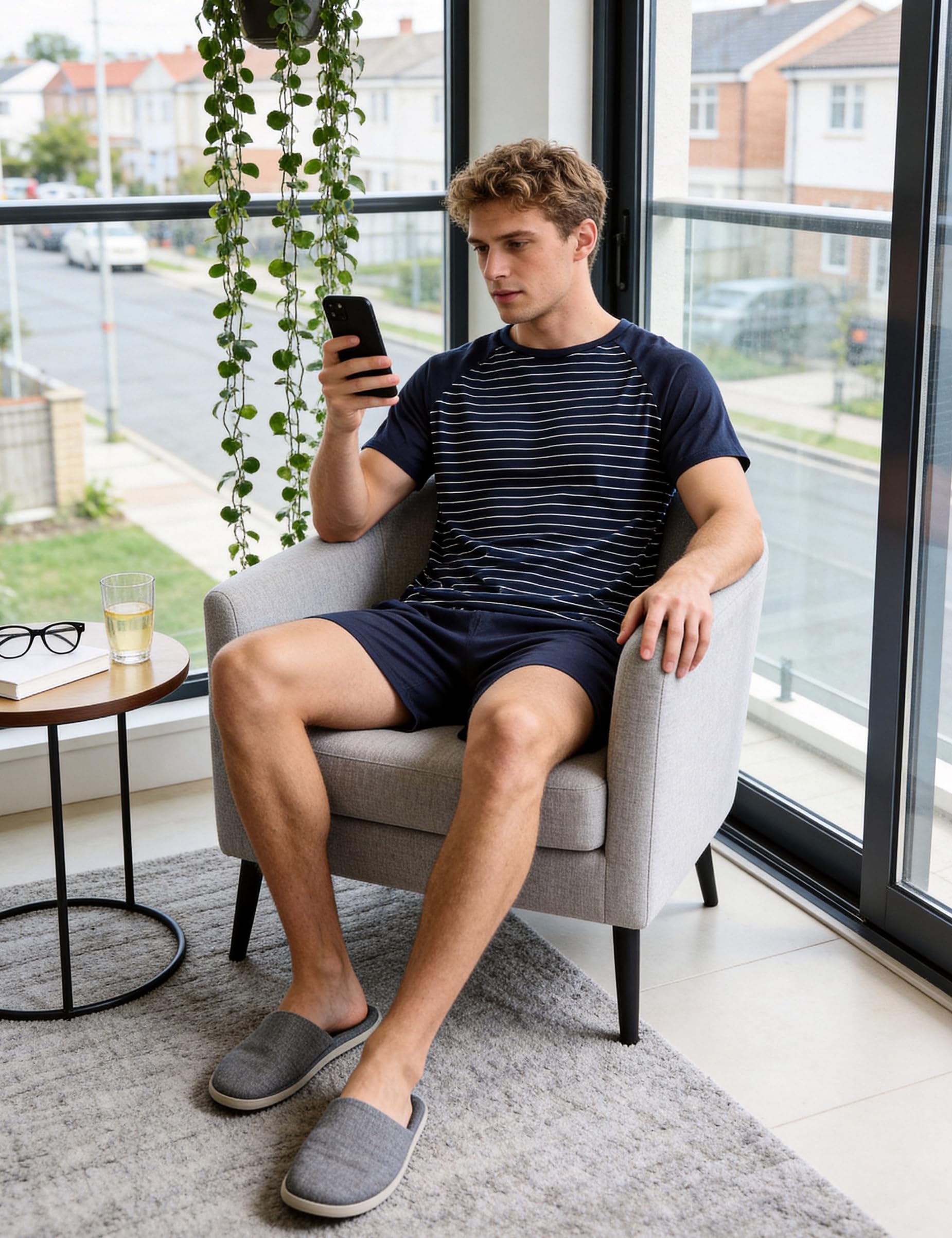 Bresdk Pigiama Uomo Estivo Cotone Scollo V a Righe con Shorts | Set da riposo con top morbido a manica corta e fondo corto abbinato, fresco per notti calde estive, viaggio e casa