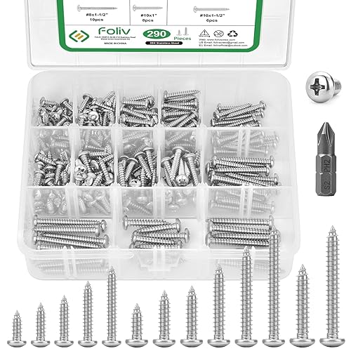 FOLIV Kit surtido de tornillos de madera de cabeza de sartén, 290 piezas, 6, 8, #10 (304) tornillo autorroscante de acero inoxidable para madera