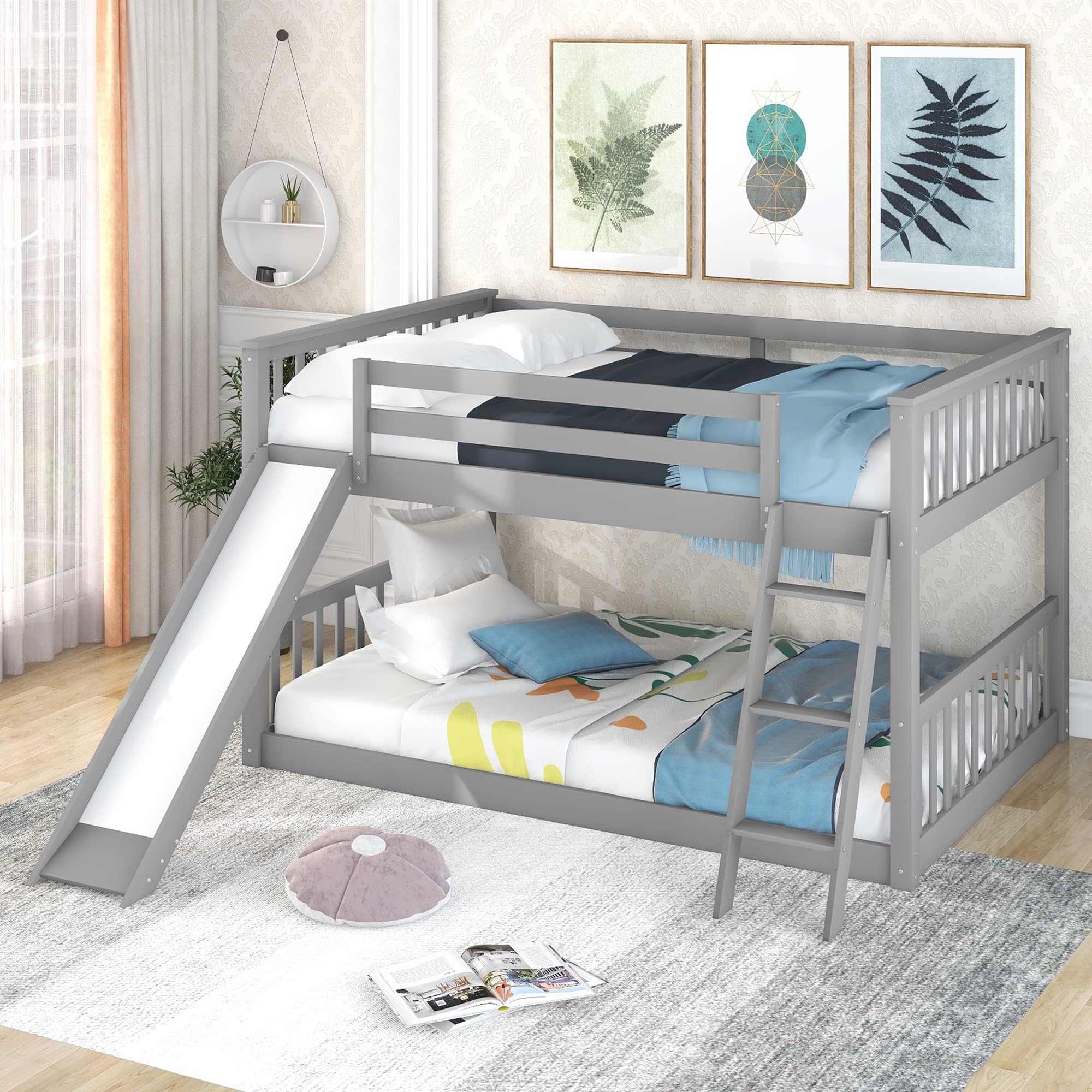 Bellemave Full Over Full Low Bunk Bed with Slide and Ladder, Low Bunk Bed for Kids, Girls, Boys, Floor bunk Bed, Gray