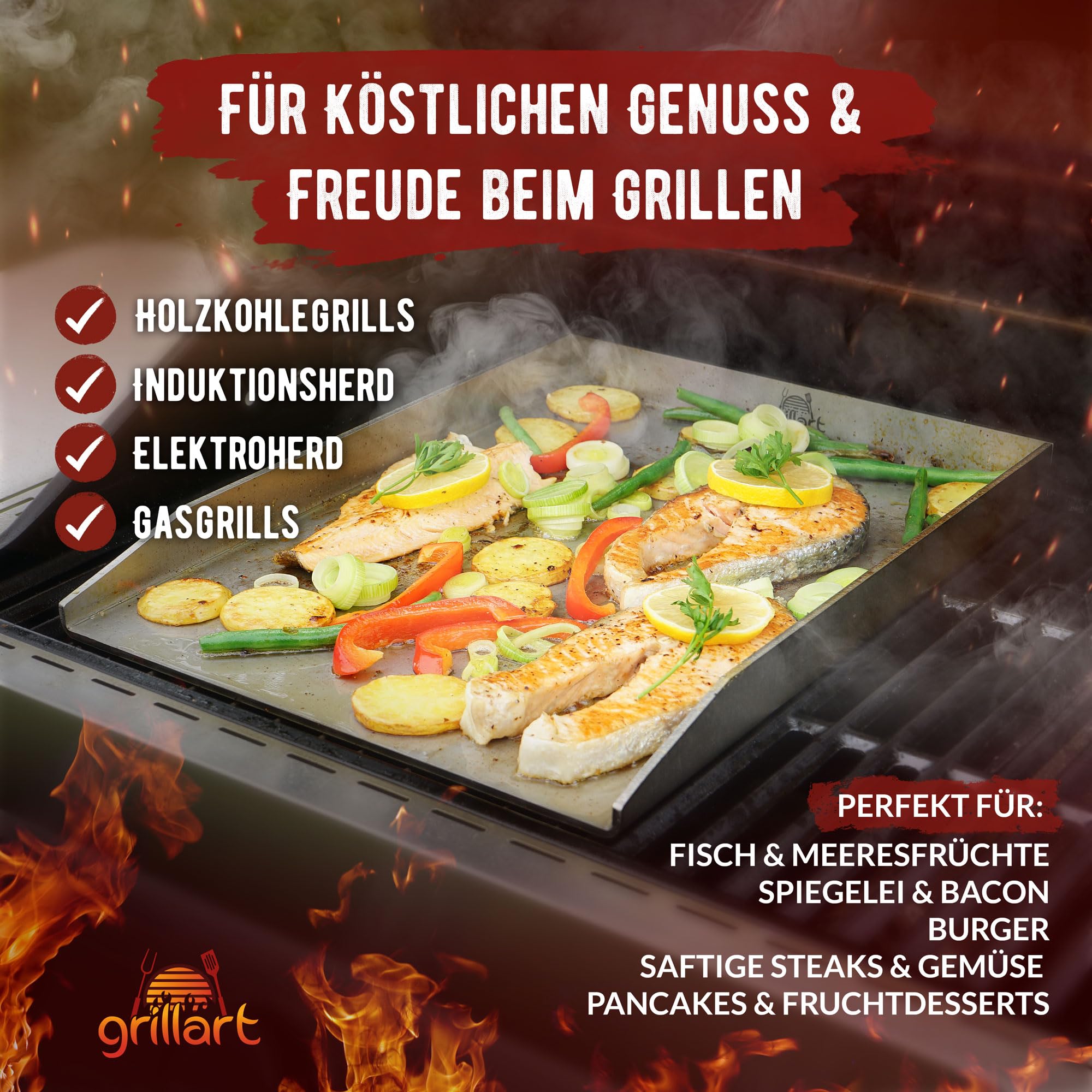 grillart® Premium Plancha Grillplatte mit Grillspachtel aus massiven 4mm Edelstahl – 30x40cm Universalgröße auch Induktion geeignet – Spülmaschinenfest und rostfrei