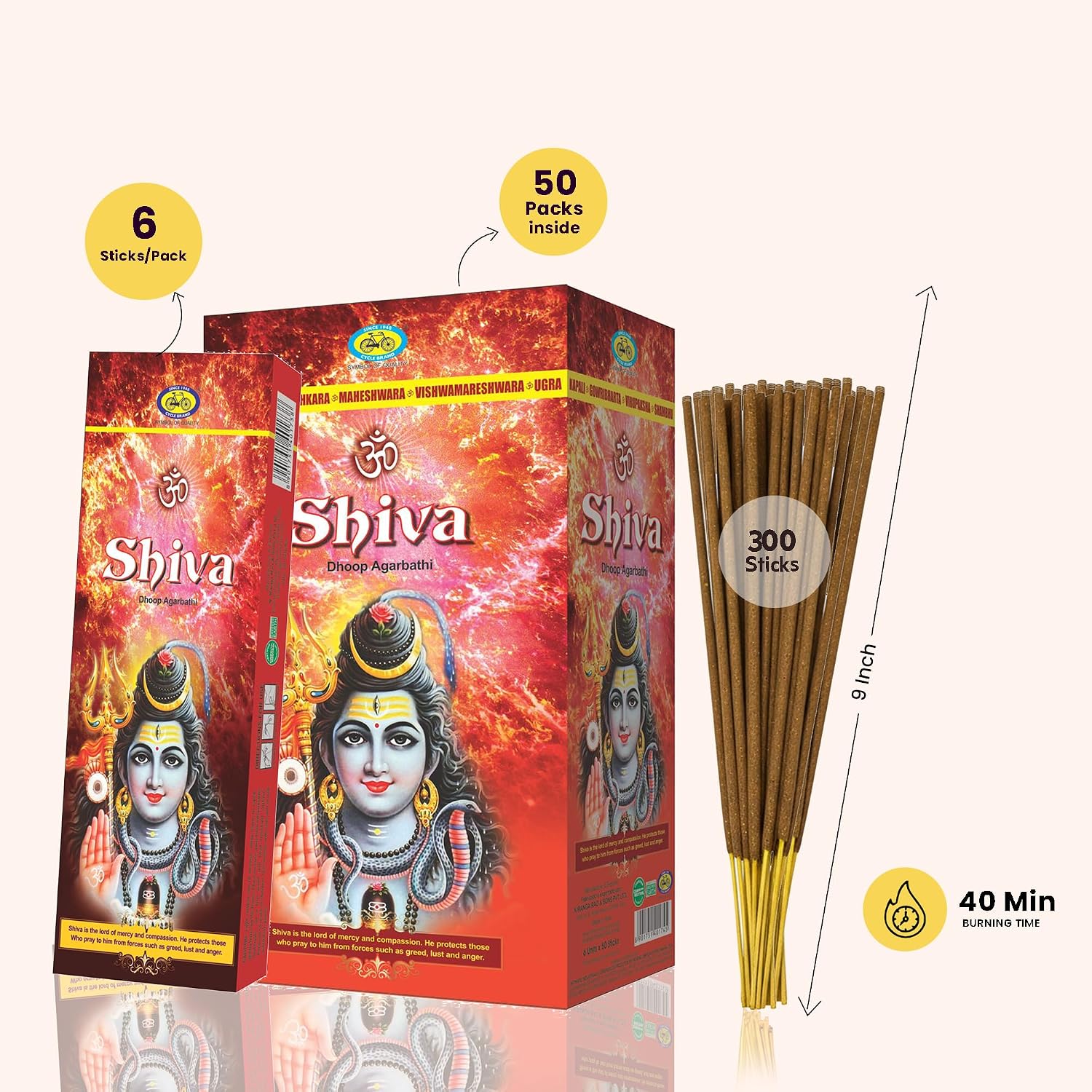 Cycle Shiva Incense Sticks – Uplifting Woody & Floral Masala Agarbatti for Prayer, Meditation & Festivals – 50 Agarbatthi/Pack, 6 Packs/Box (9 Inch, 300 Dhoop Sticks) | 40 Minutes Burn Time