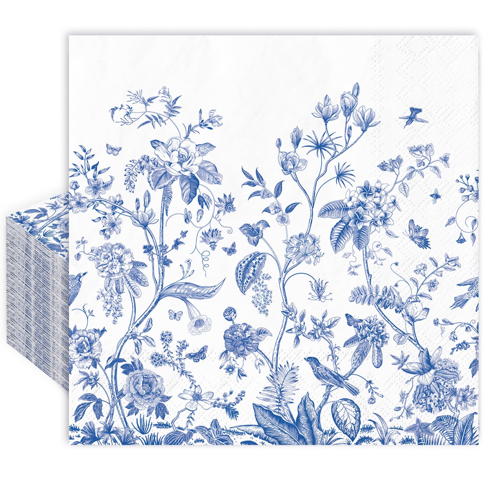 100 Pcs Mr And Mrs Wedding Napkins - Blue Floral 3-Ply Cocktail Paper Napkins For Reception, Engagement & Bridal Shower
