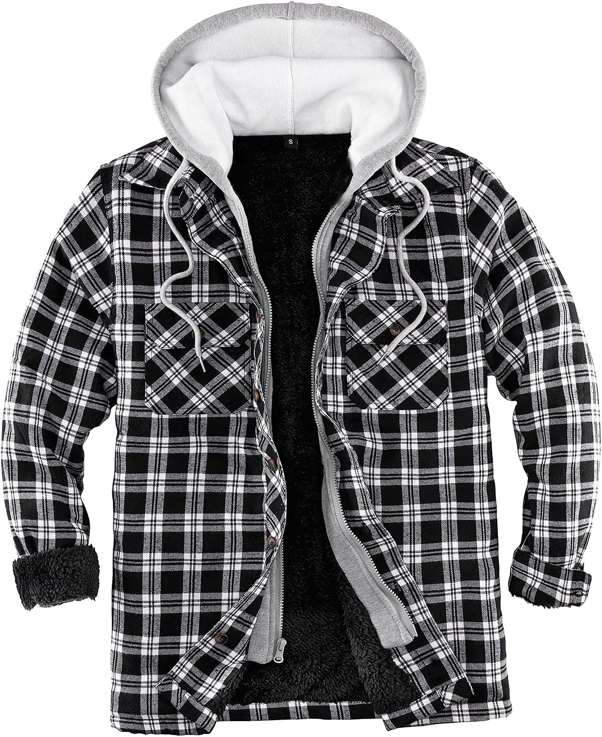ThCreasa Mens Plaid Flannel Jacket with Hood, Fuzzy Sherpa Fleece Lined Zip Up Flannel Shirt Jackets